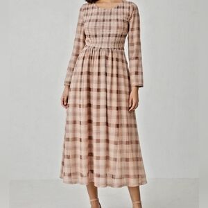 Pink, Beige & Brown Plaid Smocked Midi Dress